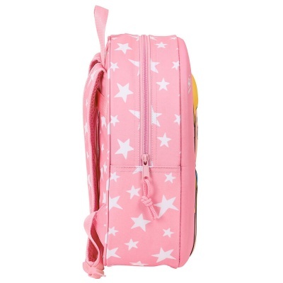 Mochila rosa com estrelas brancas vista de lado
