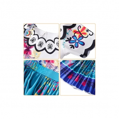 Detalhes de vestido colorido com padrões florais e ondulações