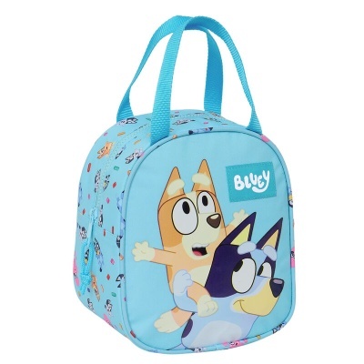 Mochila azul claro com personagens do desenho animado Bluey