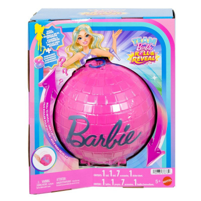 Embalagem de brinquedo rosa Barbie em forma de bola com texto e ilustração colorida