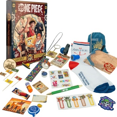 Conjunto de acessórios One Piece com calendário, meias, pins, clips, marcador de página, chaveiro e patches