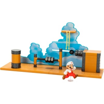 Brinquedo de madeira do Super Mario com base, pilares e figura do Mario