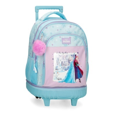 Mochila azul claro com imagem das personagens Elsa e Anna de Frozen, com rodas e chaveiro rosa.