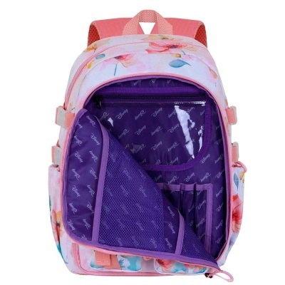 Mochila rosa floral com interior roxo estampado Disney aberta a mostrar compartimentos