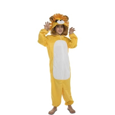 Criança com macacão de leão amarelo com capuz e juba