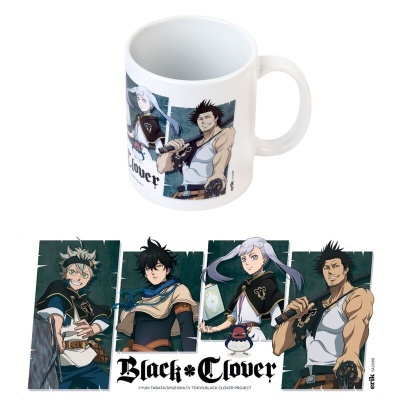 Caneca branca com personagens de anime e quatro cartões com personagens e texto Black Clover