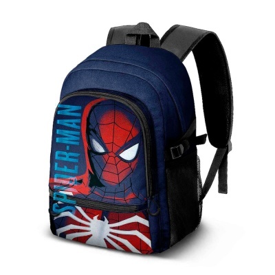 Mochila azul com imagem do Homem-Aranha e texto Spider-Man