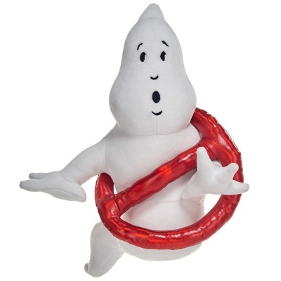 Boneco de peluche branco em forma de fantasma com anel vermelho.