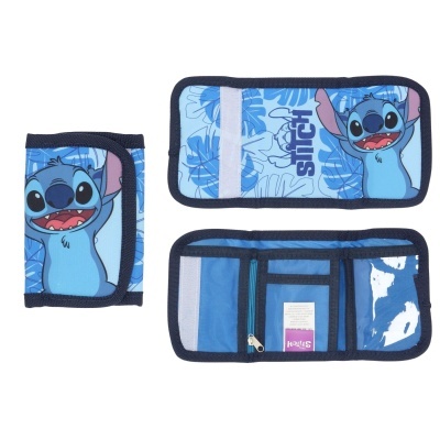 Carteira azul com estampado do personagem Stitch e palavra STITCH