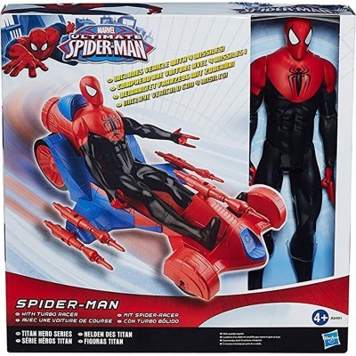 Brinquedo Spider-Man com figura e veículo turbo vermelho e azul em caixa com texto multilingue.
