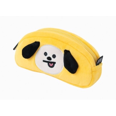 Estojo amarelo com rosto de cão e etiqueta BT21