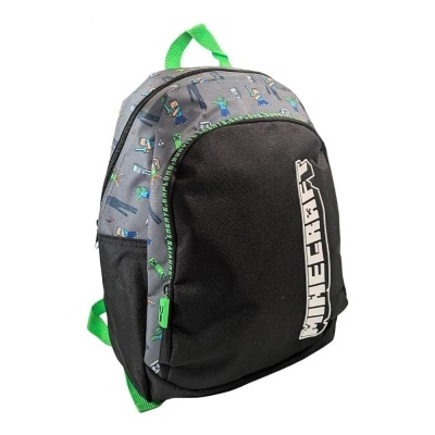 Mochila Minecraft preta e cinza com personagens coloridos e texto branco