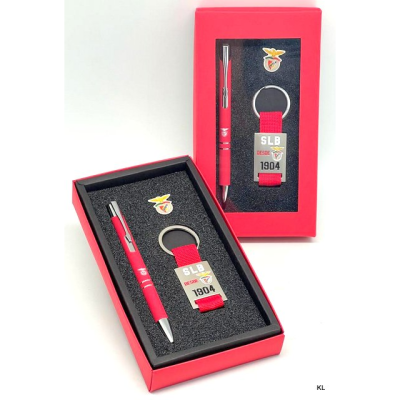 Conjunto caneta, porta-chaves e emblema SLB em caixa vermelha com espuma preta