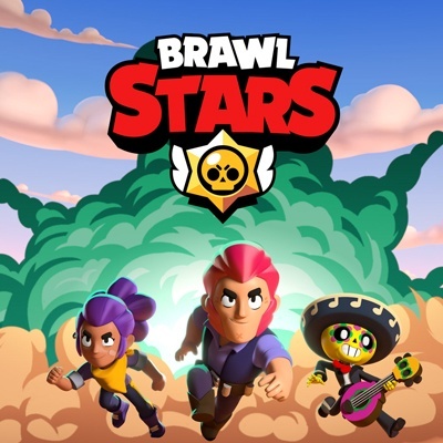 Logotipo do jogo Brawl Stars com três personagens animados correndo em cenário natural colorido