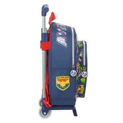 Mala de rodinhas azul e vermelha com estampas dos Vingadores e alça retrátil