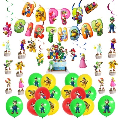 Decoração de festa de aniversário temática de Super Mario com balões coloridos e figuras de personagens