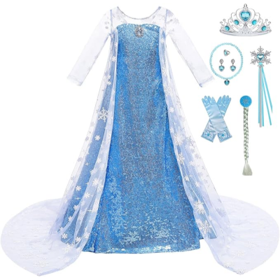 Vestido azul brilhante infantil com capa branca de flocos de neve e acessórios de princesa