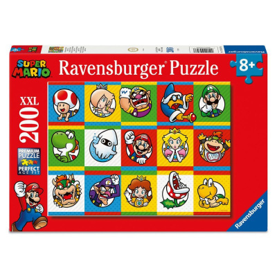 Caixa de puzzle Ravensburger Super Mario com 200 peças coloridas de personagens do jogo.