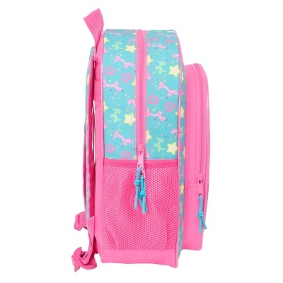 Mochila infantil azul e rosa com padrão de estrelas e flamingos