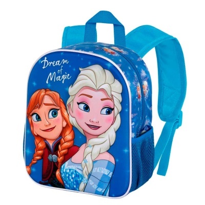 Mochila infantil azul com personagens animadas e texto Dream of Magic
