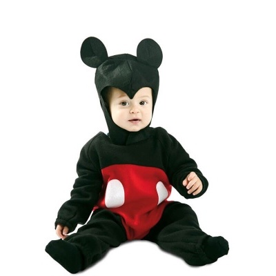 Fato de bebé preto e vermelho com orelhas de rato e padrões brancos