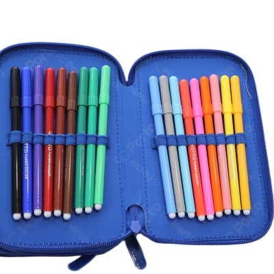 Estojo azul aberto com canetas de feltro coloridas organizadas em elásticos