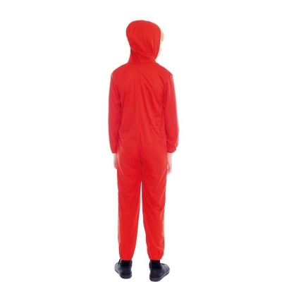 Macacão vermelho com capuz visto de costas em criança.