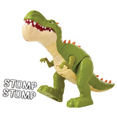 Figura de dinossauro verde e creme com textura escamosa e dentes brancos