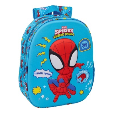 Mochila infantil azul com imagem do Homem-Aranha e texto THWIP! THWIP!