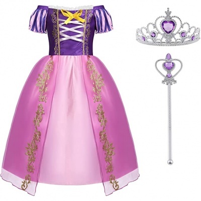 Vestido de princesa roxo e rosa com coroa e varinha prateadas com pedras roxas