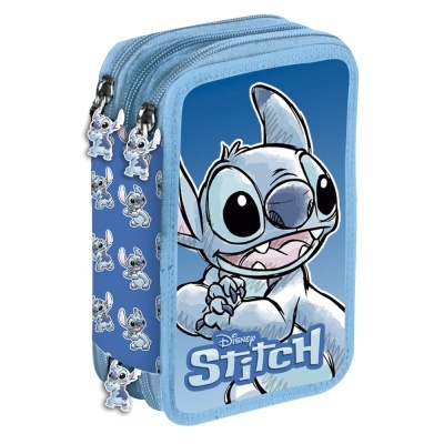 Estojo azul com personagem Stitch da Disney e três compartimentos com fechos personalizados
