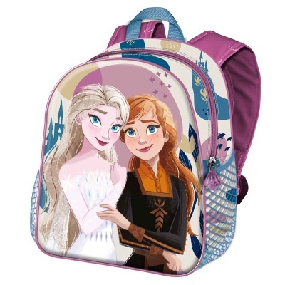 Mochila infantil rosa com imagem das personagens Elsa e Anna de Frozen