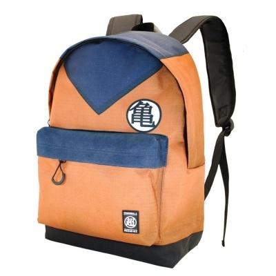 Mochila laranja com bolso azul e símbolos japoneses