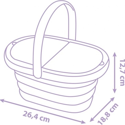 Ilustração de cesto dobrável lilás com alça e dimensões