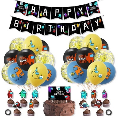 Decoração de festa de aniversário com balões coloridos e acessórios temáticos em amarelo, preto e azul.