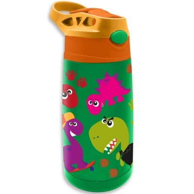 Garrafa infantil verde com tampa laranja e desenhos de dinossauros coloridos