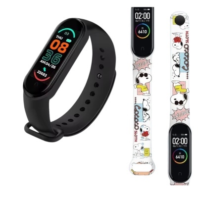 Pulseira inteligente preta com ecrã digital e duas pulseiras substituíveis estampadas