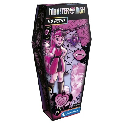 Embalagem de puzzle Monster High 150 peças formato de caixão com personagem feminina em rosa e preto