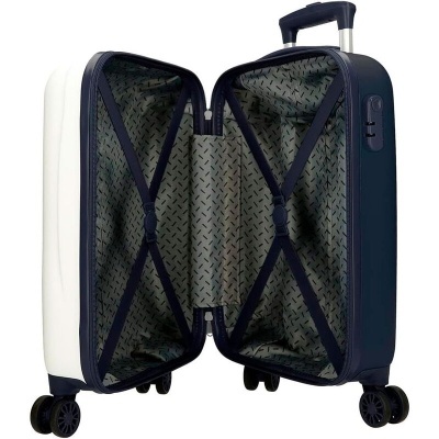 Mala de viagem rígida bicolor branco e azul-escuro aberta mostrando interior com padrão cinzento e cintas elásticas.