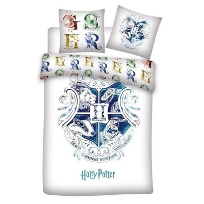Conjunto de roupa de cama Harry Potter com brasão de Hogwarts e letras coloridas
