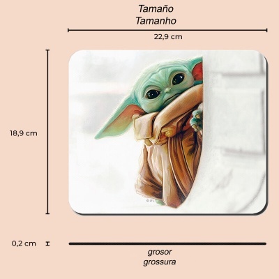 Tapete retangular com ilustração do Baby Yoda e medidas em cm