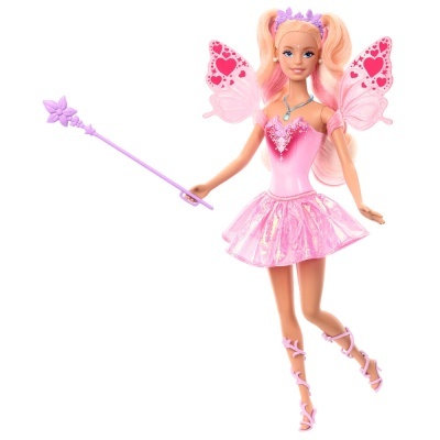 Boneca fada cor de rosa com asas, varinha e saia brilhante.