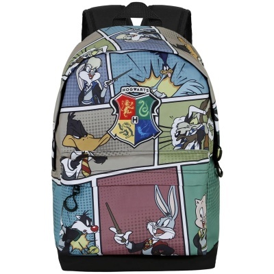 Mochila colorida com personagens Looney Tunes e símbolo de Hogwarts