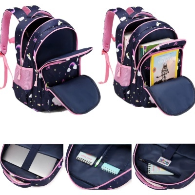 Mochila escolar azul escura com unicórnios rosa e estrelas, várias divisórias e bolsos laterais