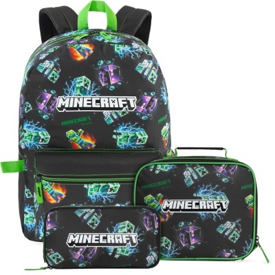 Conjunto escolar Minecraft com mochila, lancheira e estojo preto com estampados coloridos.