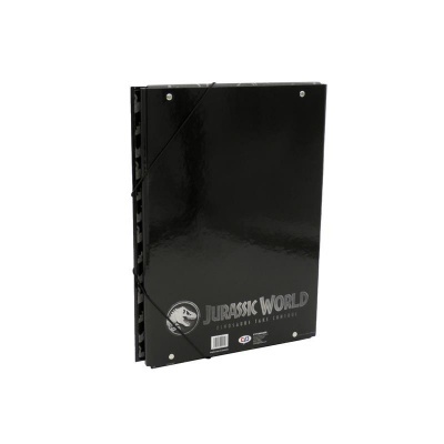 Pasta de arquivo preta com fecho elástico e logo Jurassic World em fundo branco