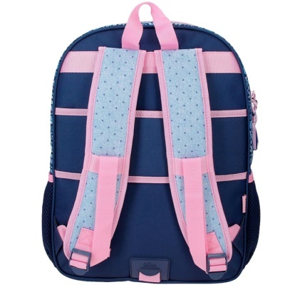 Mochila azul escura com alças almofadadas rosa com bolinhas azuis, vista traseira