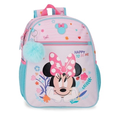 Mochila infantil rosa com a Minnie e texto colorido.