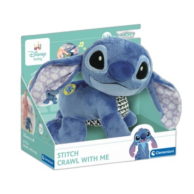 Pelúcia Stitch azul em embalagem verde com texto Disney baby e Clementoni