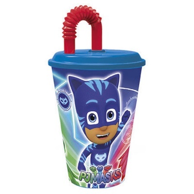 Copo infantil azul com personagem do PJ Masks e canudo vermelho.